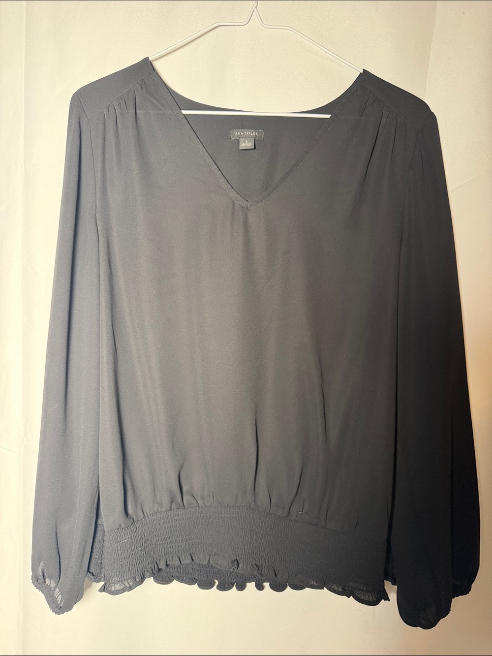 Ann Taylor Black V-Neck Long Sleeve Smocked Waist Blouse bubble hem office top
